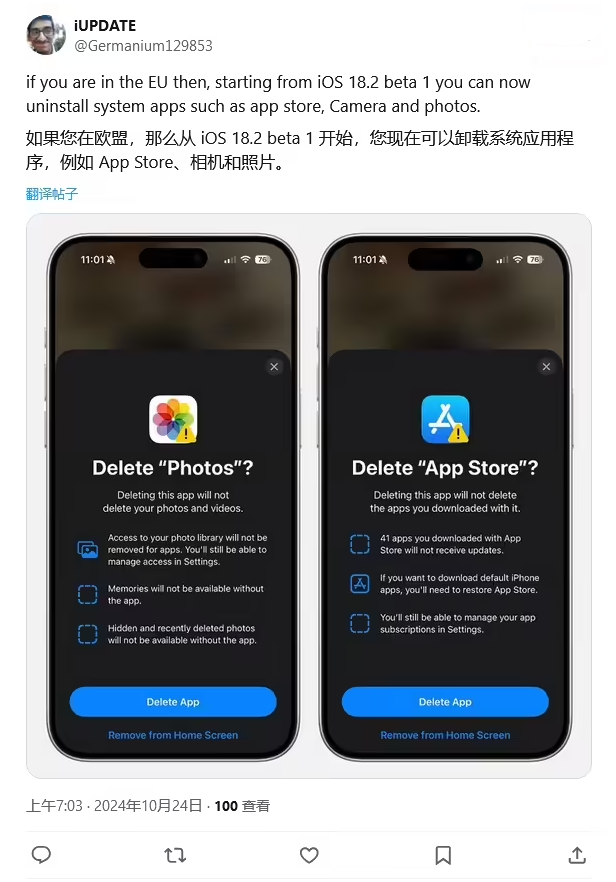 皇姑苹果手机维修分享iOS 18.2 支持删除 App Store 应用商店 